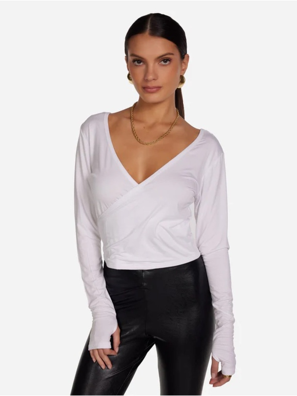 Michael Lauren White Wrap V-Neck Long Sleeve Top Medium NWOT Stretch Revolve